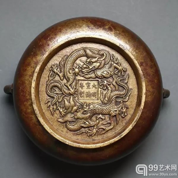 明中期 蚰龙耳簋式炉 双龙抱"大明宣德年制"楷书款 口径13.