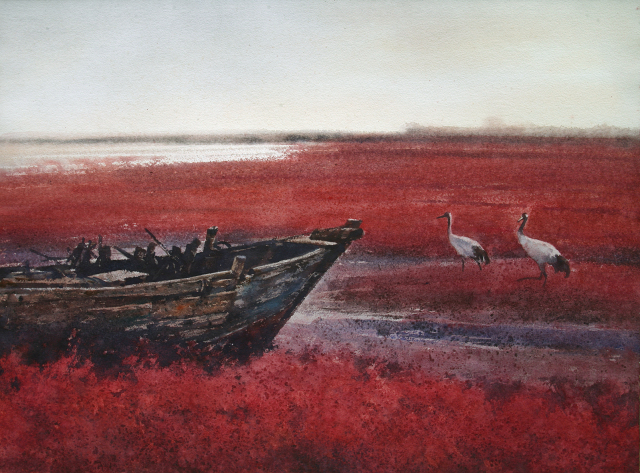 蒋烨《相伴红海滩|56cmx76cm