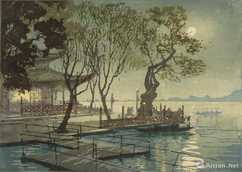 丁正献 平湖秋月 1953年 版画35×25cm