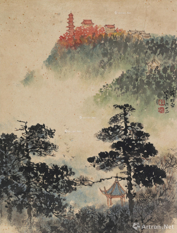 钱松岩《延安一景》镜片 设色纸本 32×24cm 1961年作