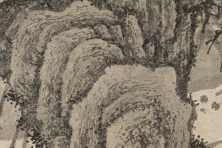 相较于《杏花仙馆图》,《匡庐图》画作底部近景山石小斧劈皴和披麻