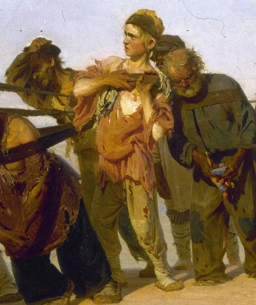 列宾 《伏尔加河上的纤夫》(局部) 1873年 画的中间一组也是四人.