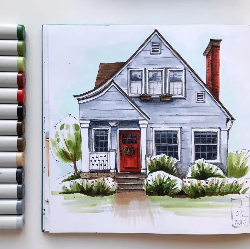 她尤其喜欢画建筑 各种各样的小房子 搭配上美丽的颜色 丨  记 得 随