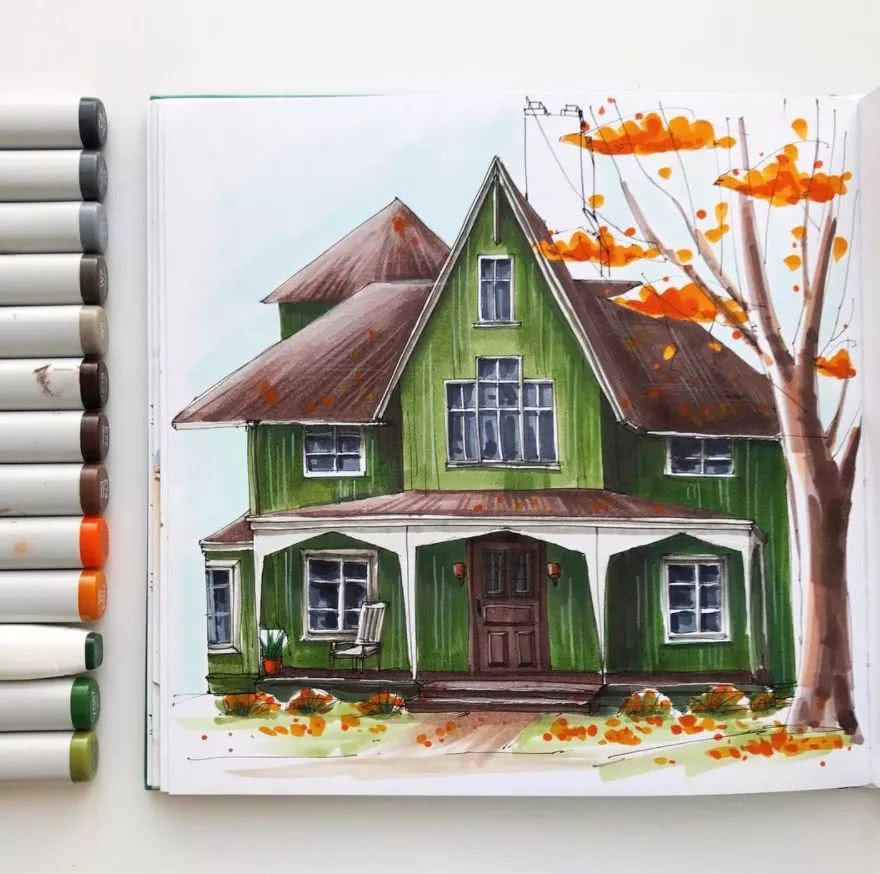 她尤其喜欢画建筑 各种各样的小房子 搭配上美丽的颜色 丨  记 得 随