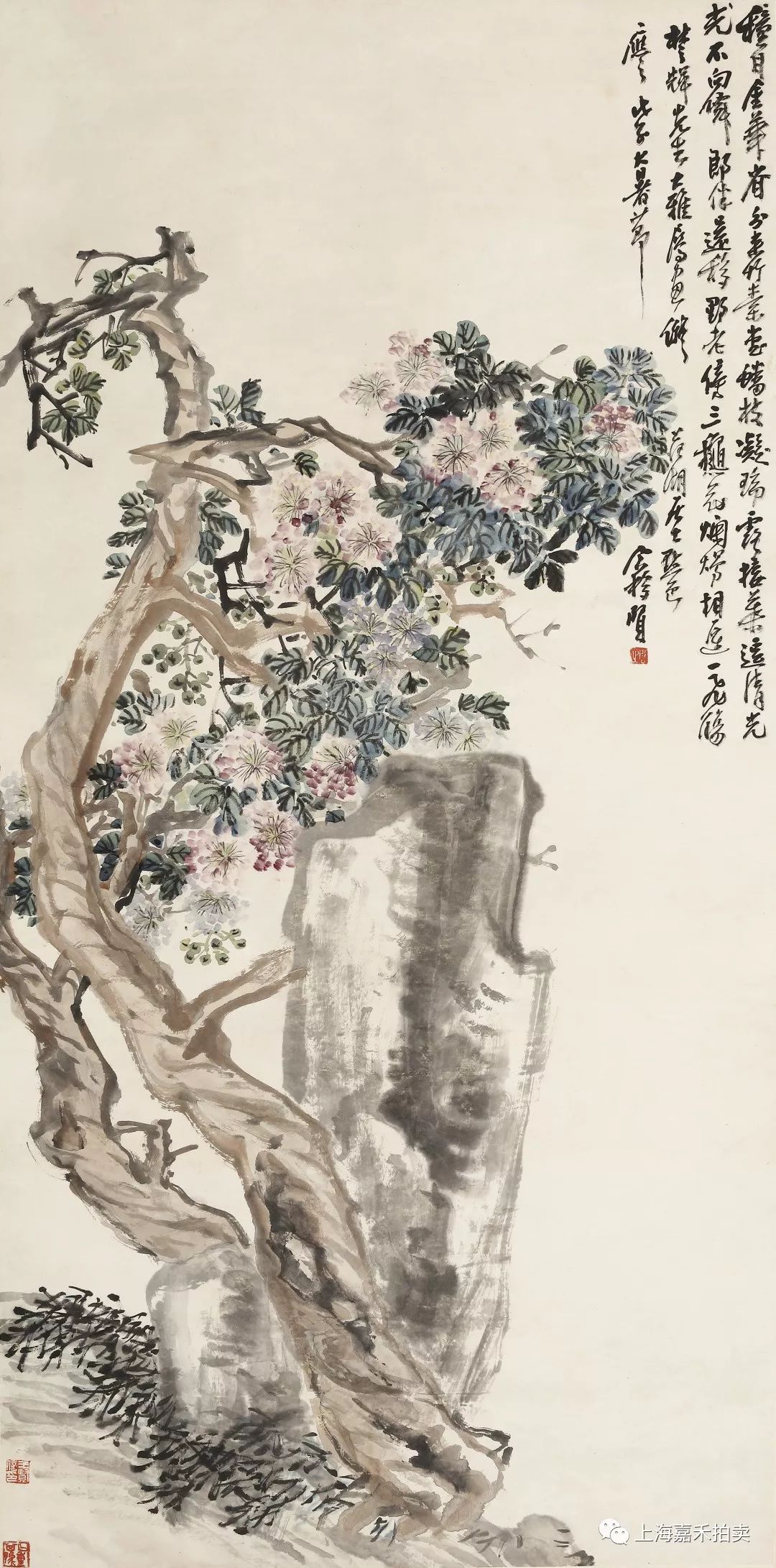 钤印:郑师玄,慕康 王个簃(1896～1988 繁花奇石图 设色纸本