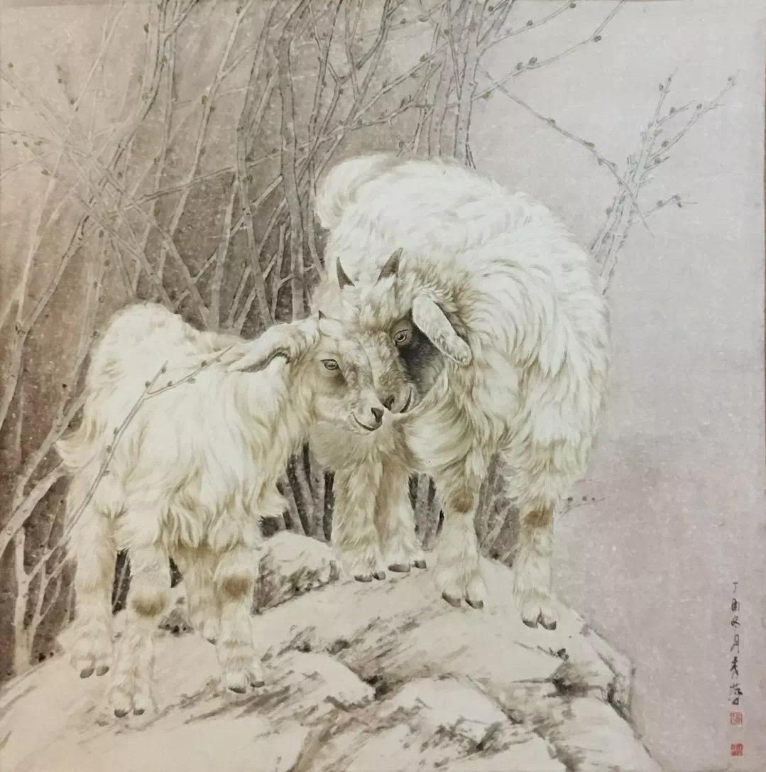 张秀萍的工笔画羊温婉清雅,造形准确,形态逼真,透射着