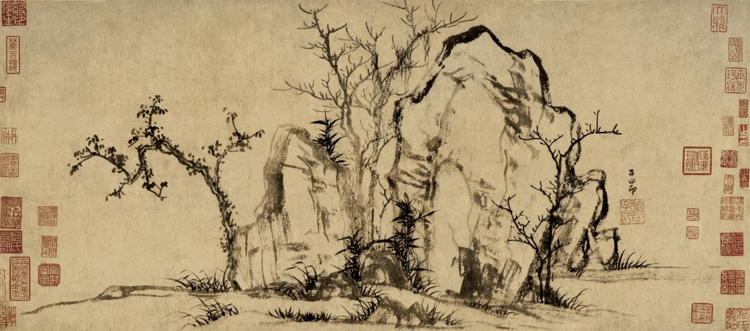 元 赵孟頫 秀石疏林图 纸本 27.5×62.8cm 故宫博物院藏