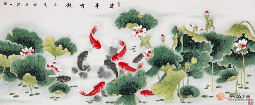 鲤鱼招财画 工笔名家张洪山荷花九鱼国画赏析