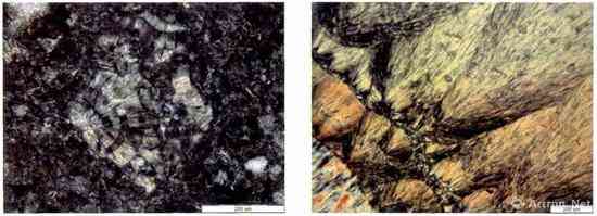 ▲ 左图为样品的显微结构图，右图为玛瑙的显微结构图，可以看出二者有相似之处