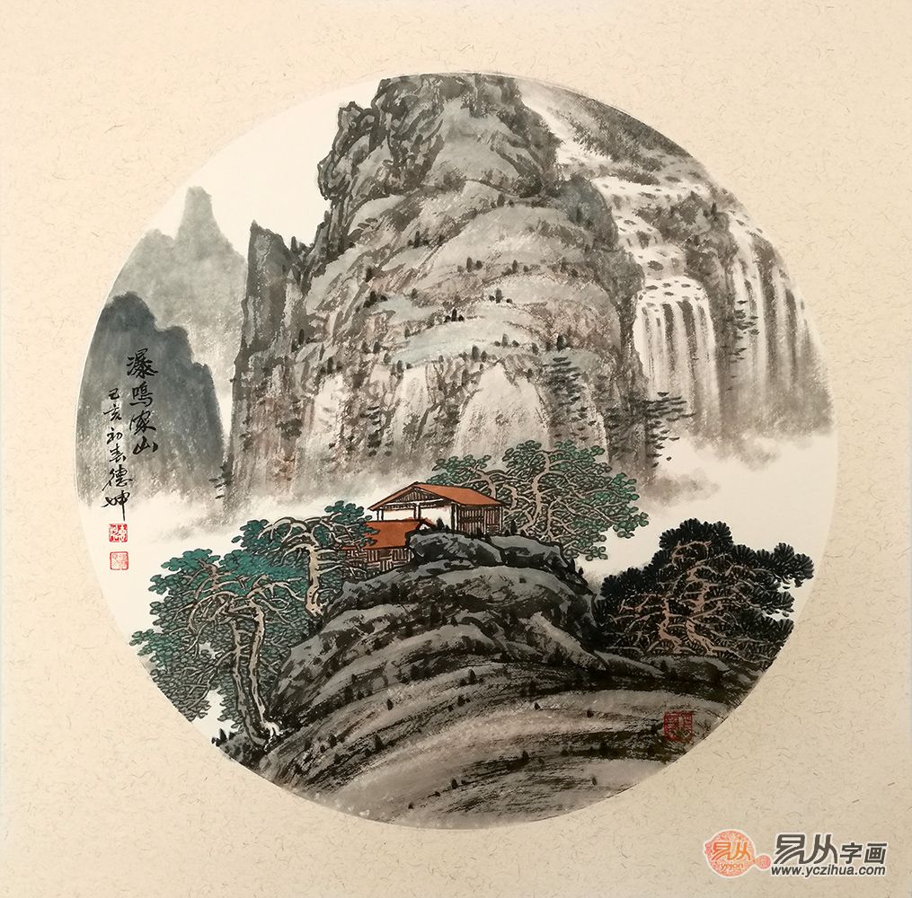 家装小品画 林德坤新品斗方山水画《瀑鸣家山》